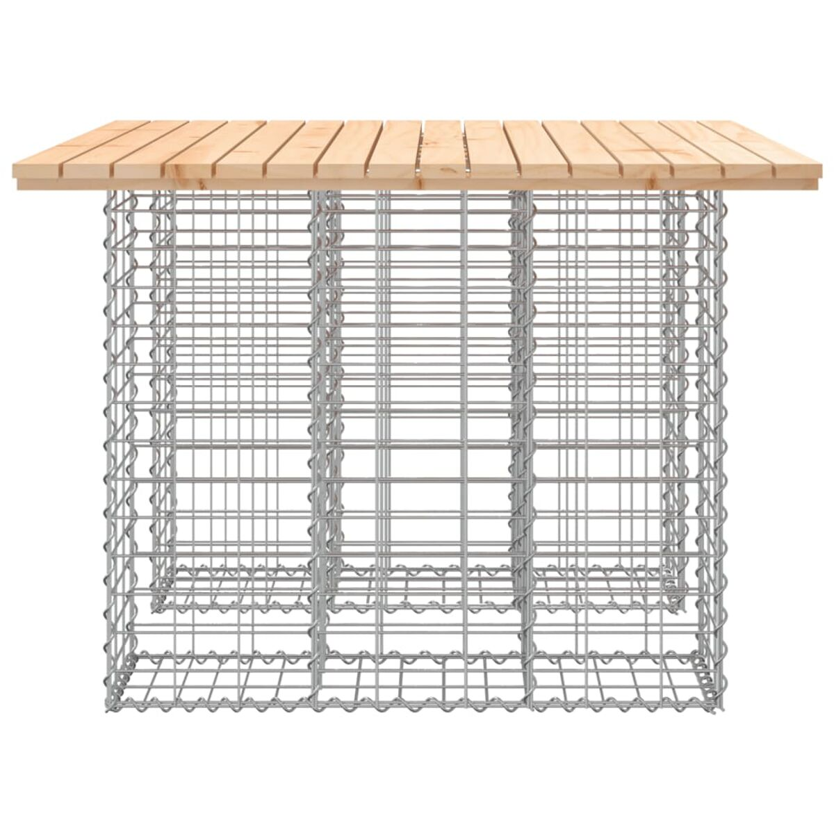 Quadratischer Tisch mit Holzplatte und Metalldrahtkäfig-Untergestell. Weißer Hintergrund.