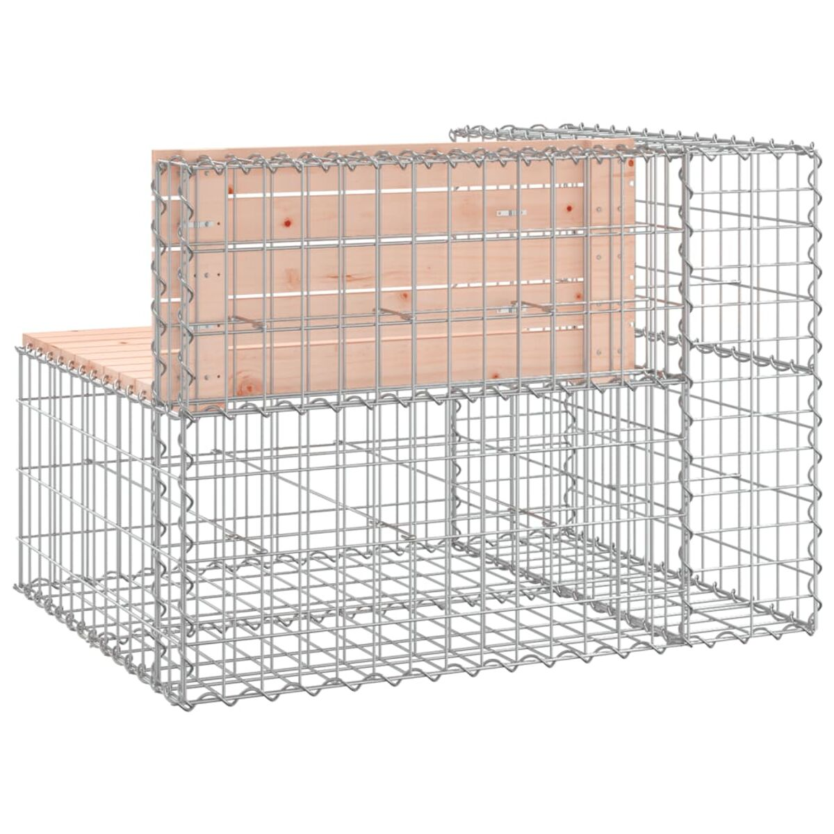 Eine Gabionenbank mit Sitz und Rückenlehne aus Holz. Die Bank ist aus Metalldraht.