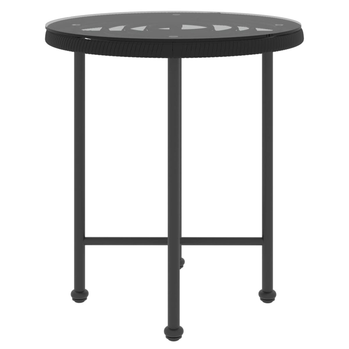 Runder schwarzer Tisch mit Glasplatte und schwarzen Beinen. Es hat ein modernes und minimalistisches Design.