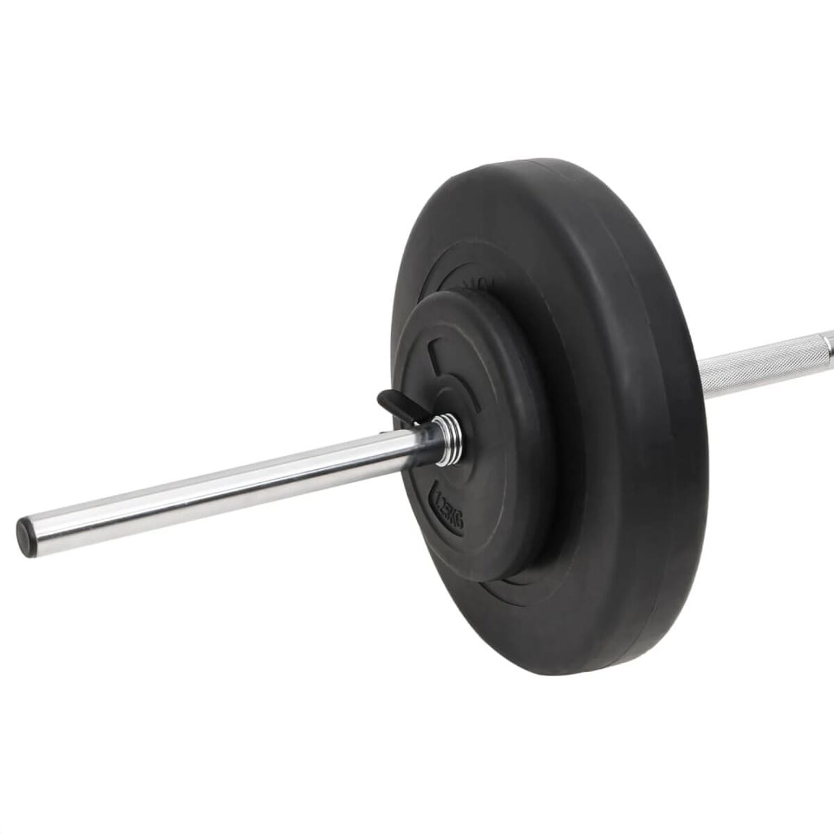 Eine Langhantel mit zwei schwarzen Gewichtsplatten. Die Platten haben silberne Markierungen. Silberne Stange.