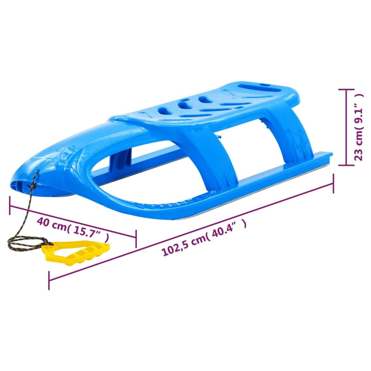 Blauer Plastikschlitten mit Seil und gelbem Griff.