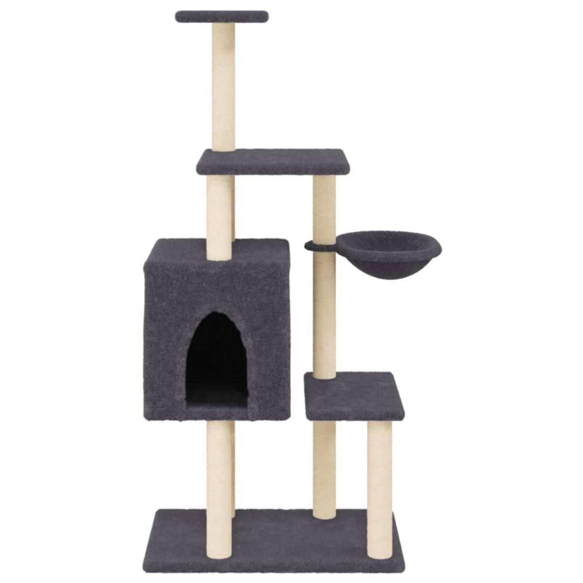Grauer Katzenturm mit mehreren Ebenen, Kratzbäumen und einem Katzenhaus.