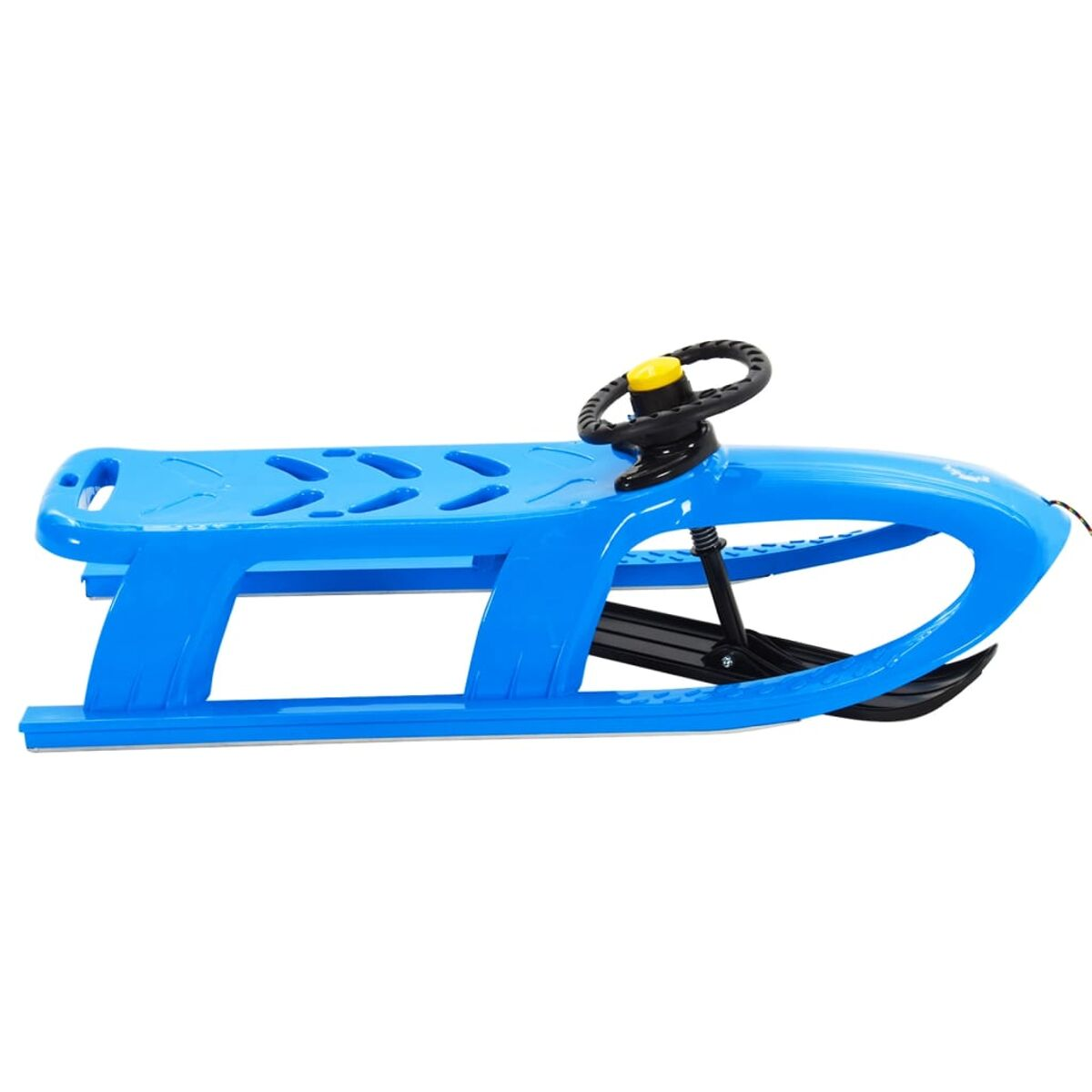 Blauer Plastikschlitten mit Lenkrad, schwarzen Kufen und gelbem Lenkrad.