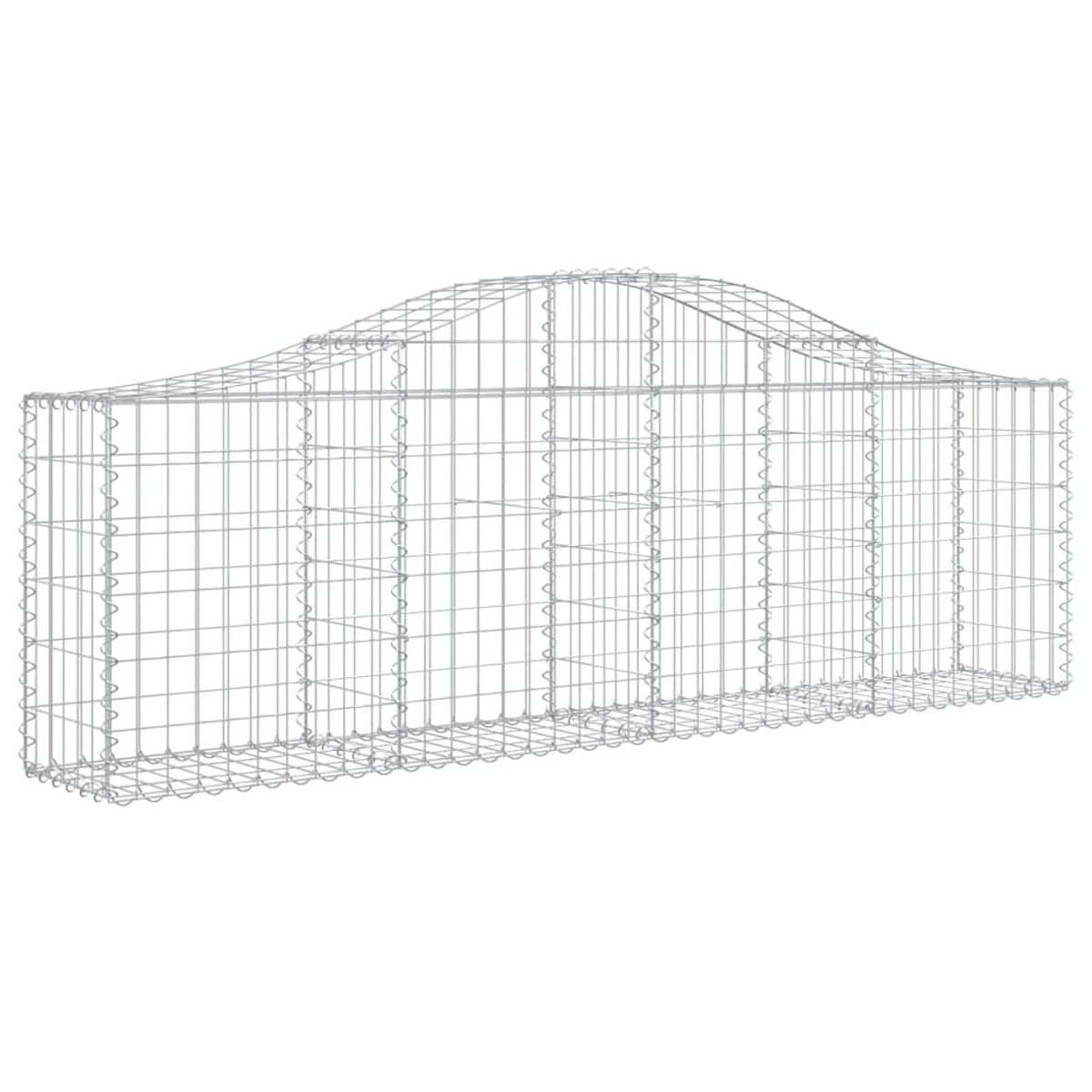 Ein Drahtgitter-Gabion mit gewölbter Oberseite. Es ist rechteckig und hat ein symmetrisches Design. Der Hintergrund ist weiß.