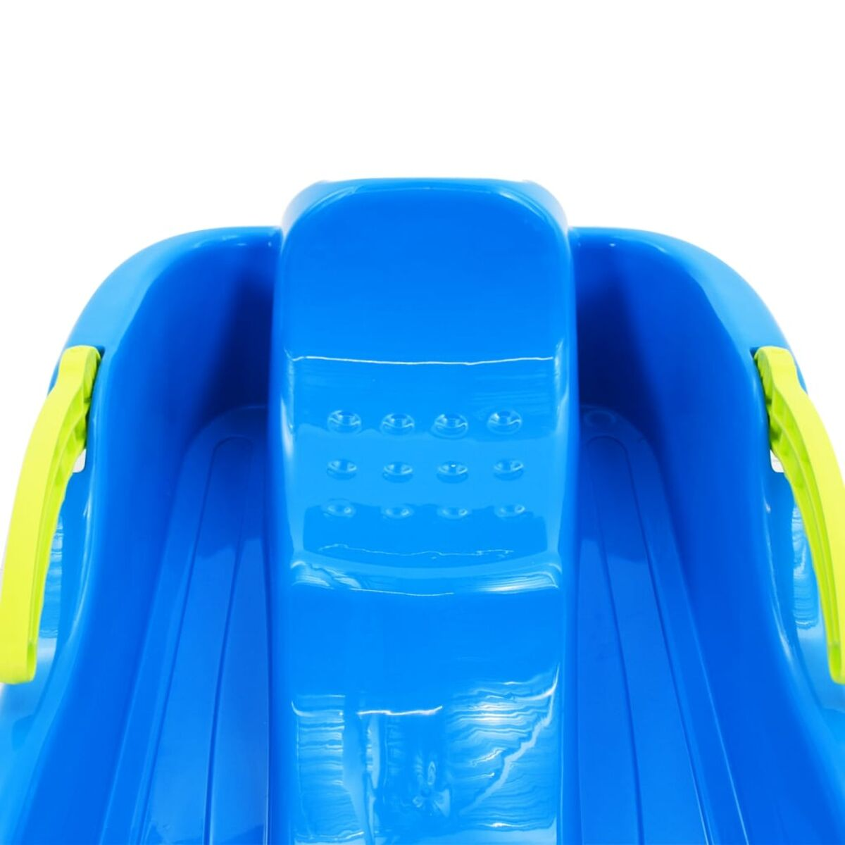 Nahaufnahme eines blauen Schlittens, der den Griff und einen Teil der Oberfläche des Schlittens zeigt.