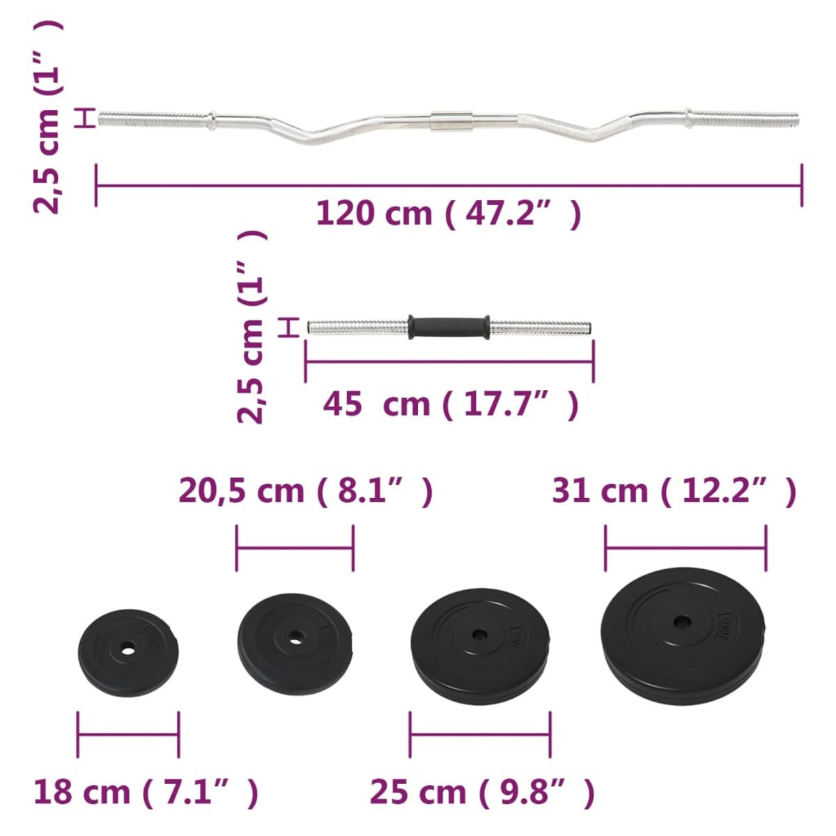 Gewichte und Curl-Stange mit beschrifteten Abmessungen. Verschiedene Größen von Gewichtsplatten und eine Curl-Stange.