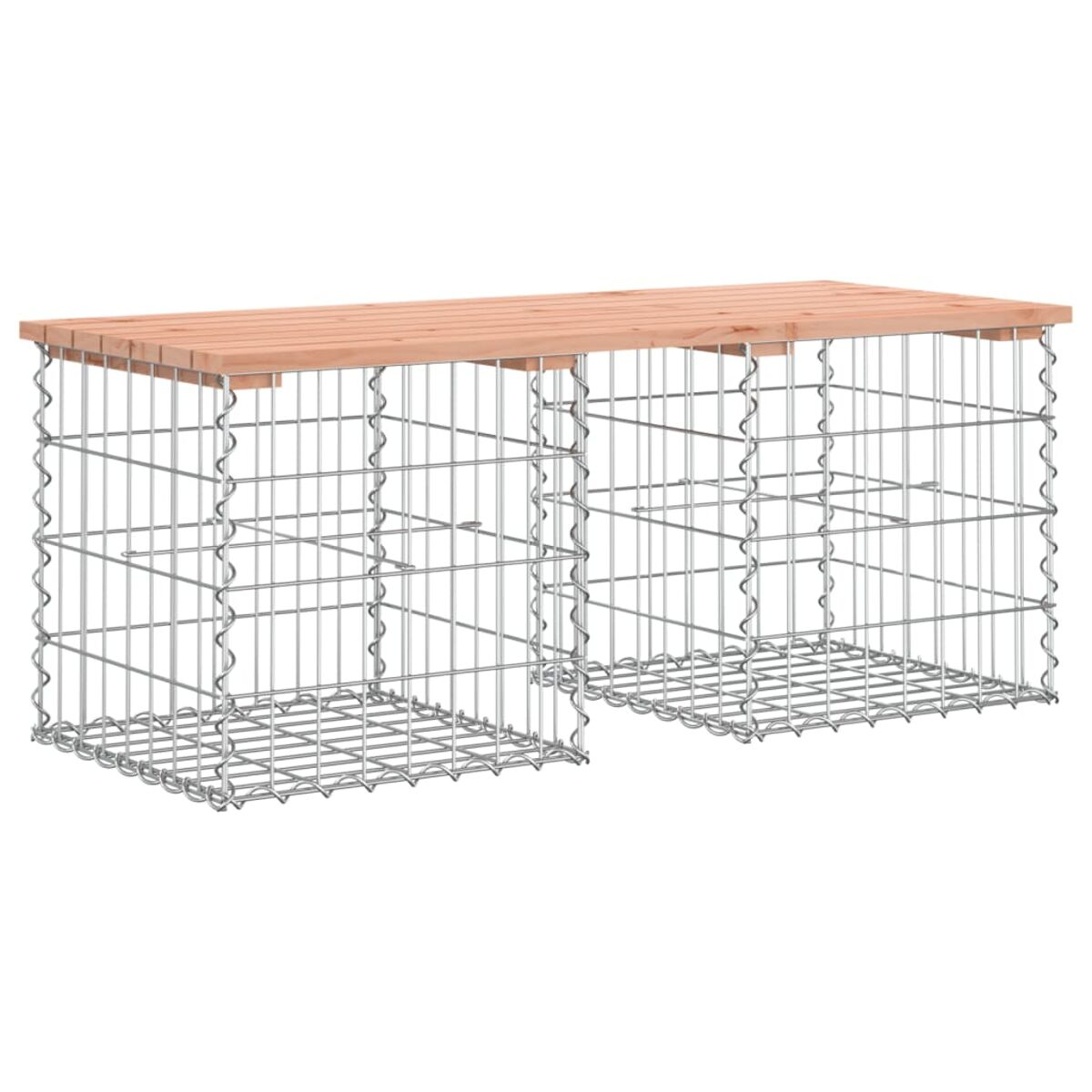 Zwei Gabion-Drahtrahmenstrukturen mit einer Holzplatte. Die Gabionen sind leer.