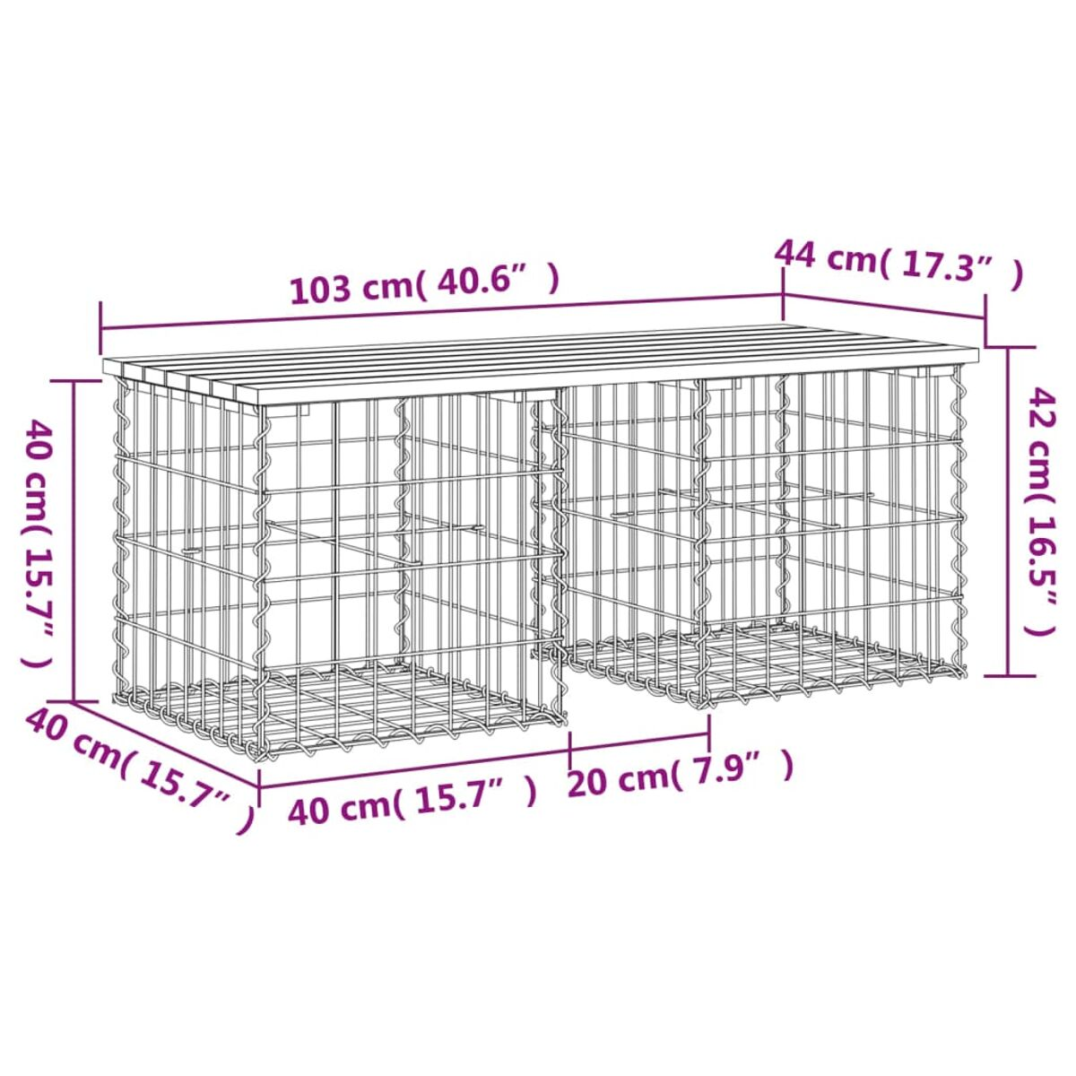 Eine Gabionenstruktur. Der Gabion hat Abmessungen. Es besteht aus Drahtgeflecht.