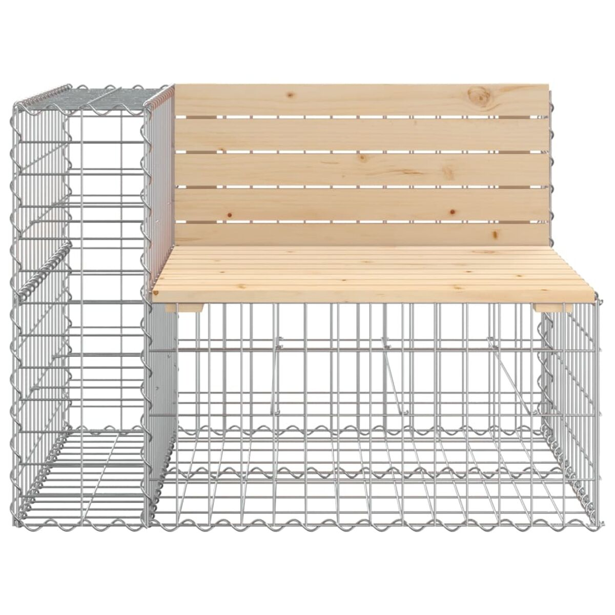Eine Bank aus Drahtgeflecht und Holz. Die Bank hat eine Rückenlehne.