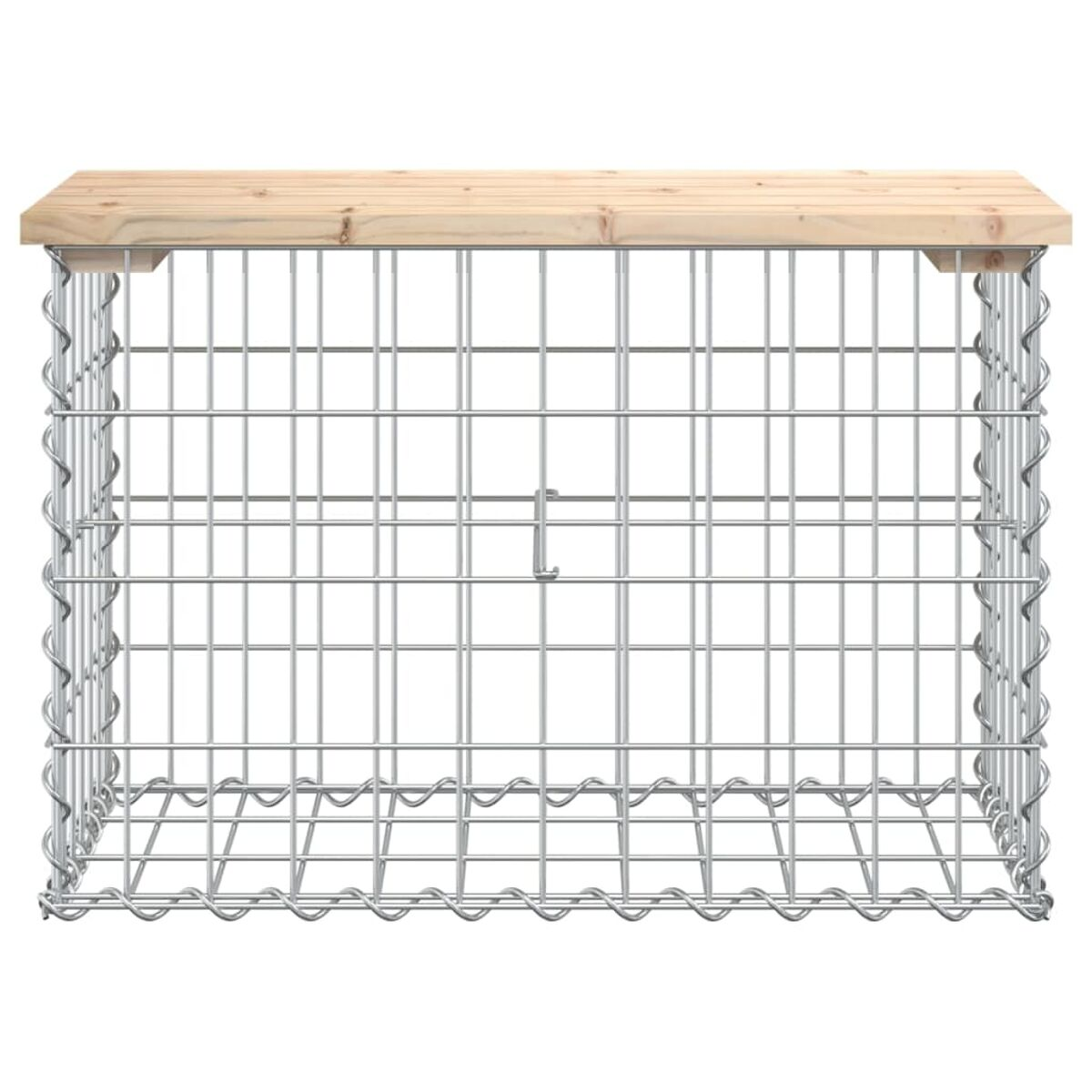 Metallkäfig mit Holzplatte. Käfig hat rechteckige Form. Die Platte ist aus Holz.