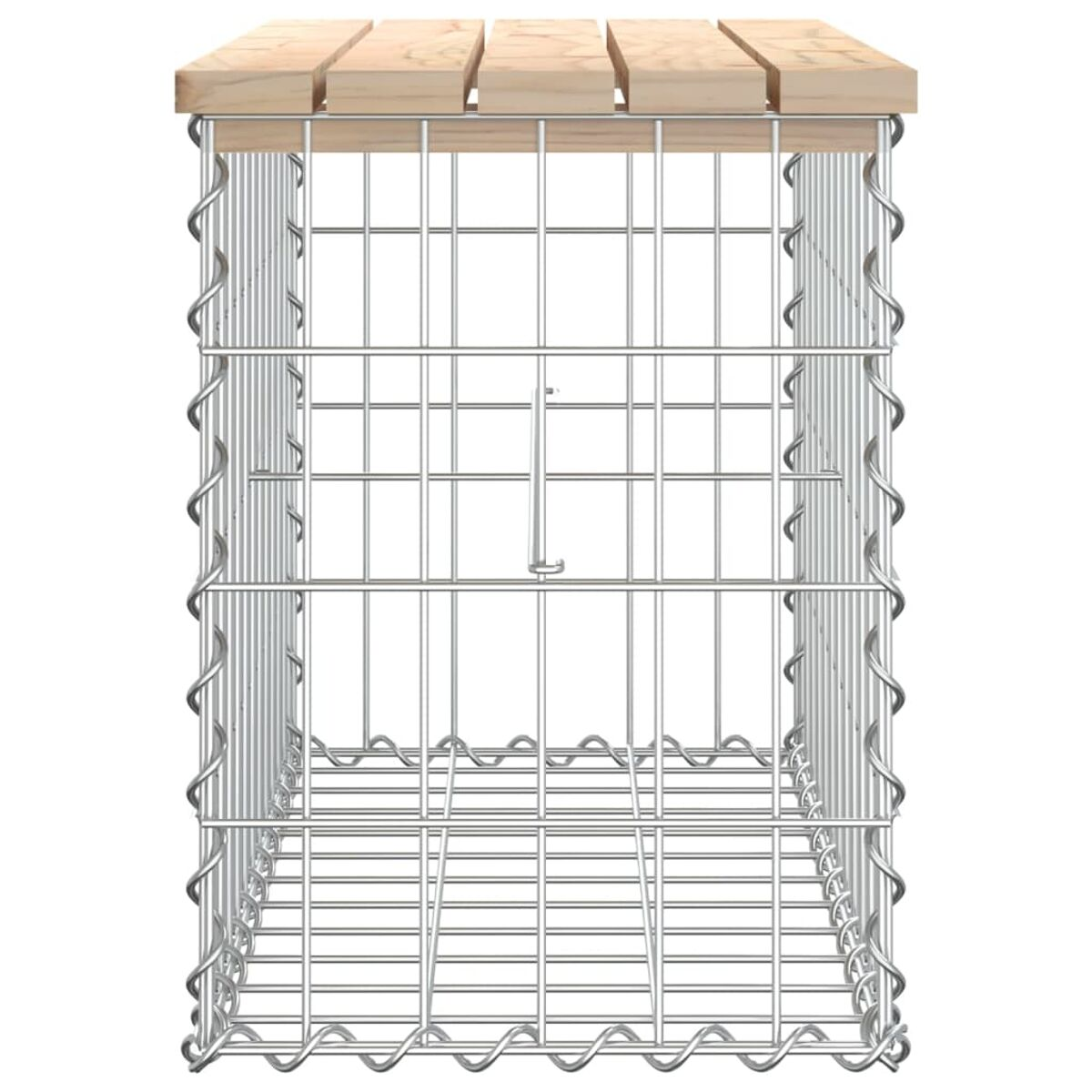 Ein metall- und holzwürfelförmiger Gabion. Die Oberseite besteht aus Holzplanken. Der Rest ist ein Metallgitter.