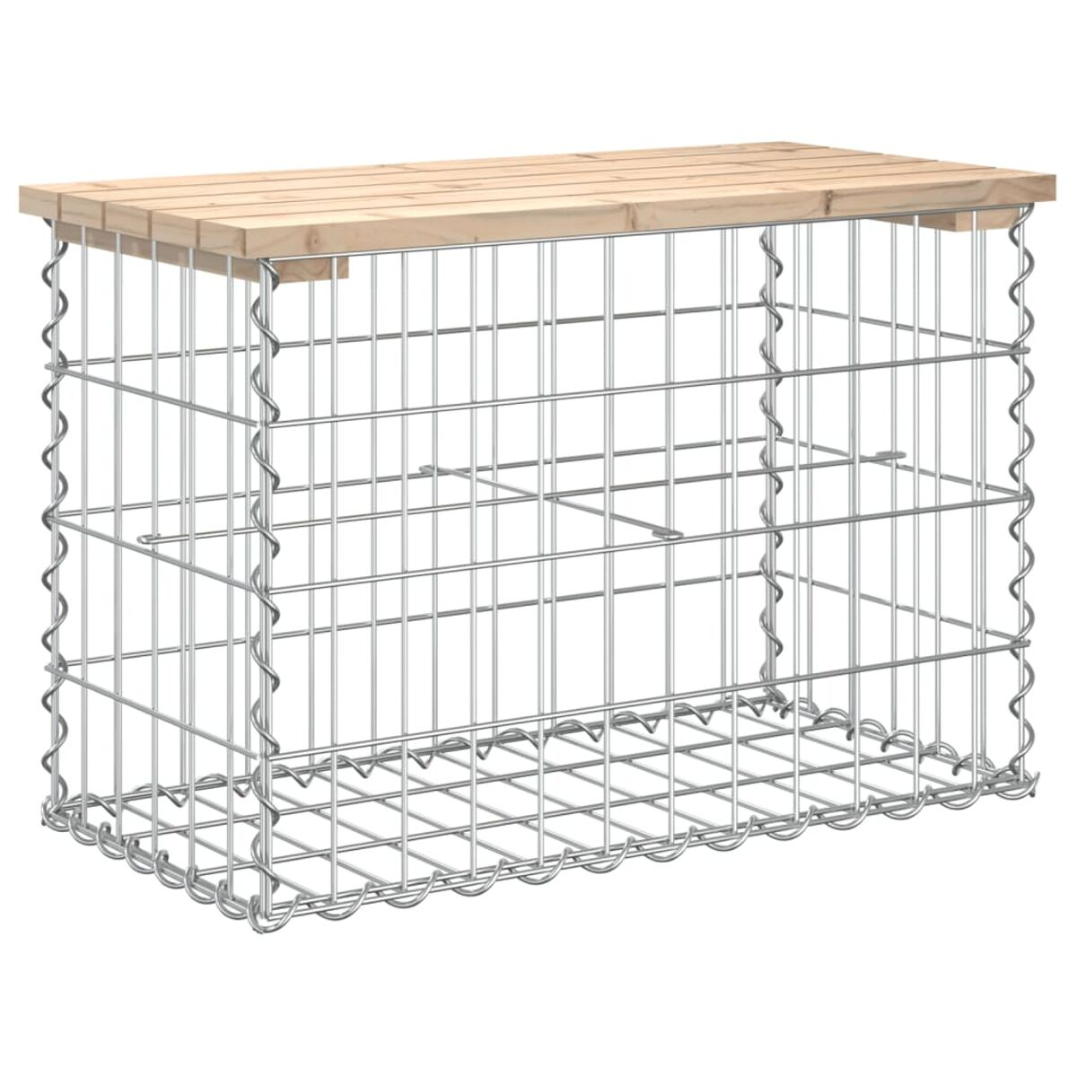Metall-Draht-Gabione mit Holz-Oberseite.