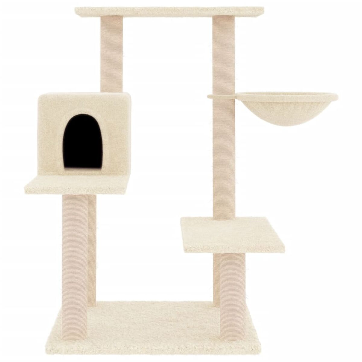 Beiger Katzenbaum mit mehreren Plattformen, einem Katzenhaus und einer Schüssel.