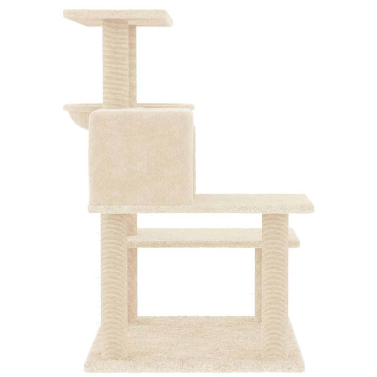 Beiger Katzenbaum mit Plattformen, Ebenen und Kratzbäumen. Isoliert auf weißem Hintergrund.