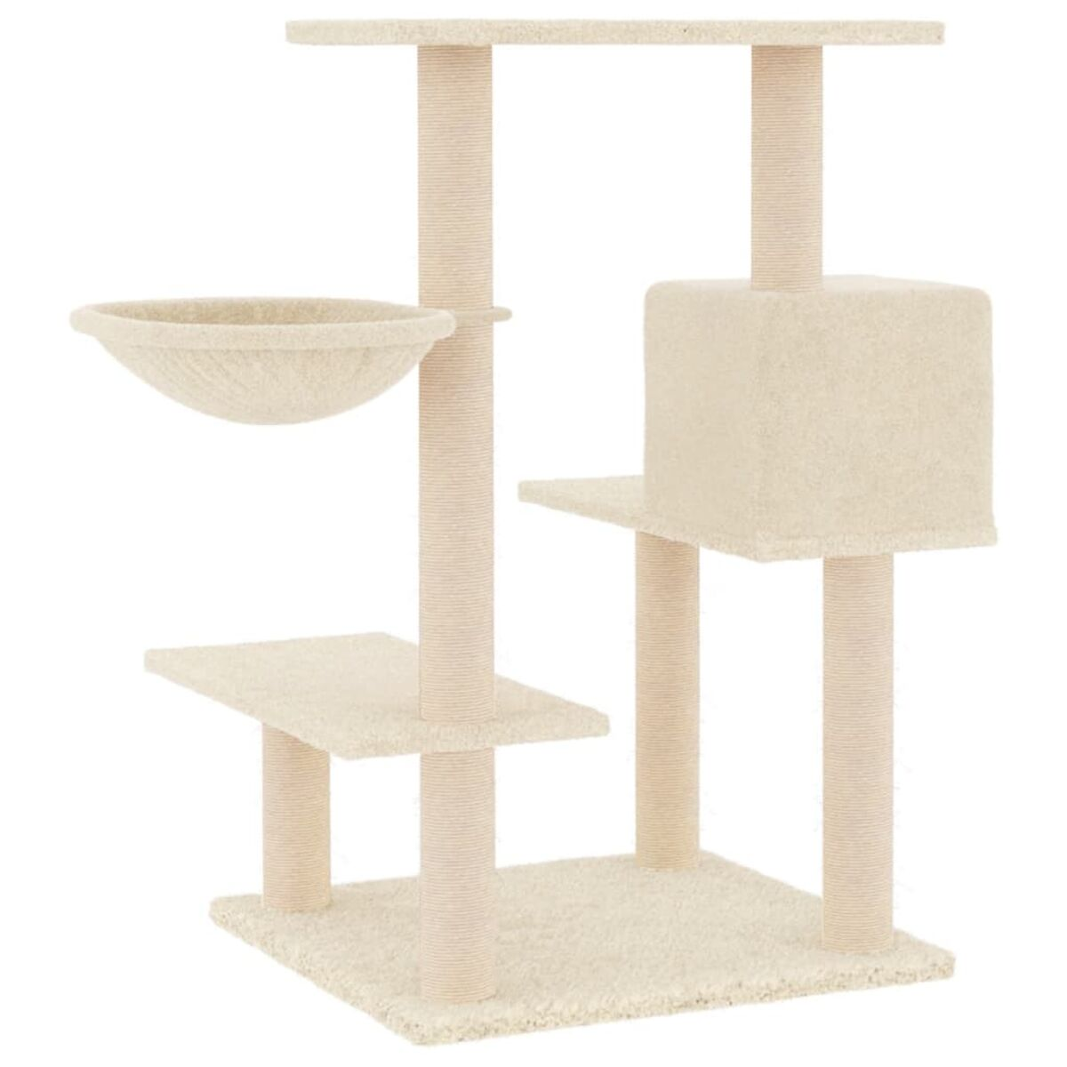 Ein beiger Katzenbaum mit mehreren Ebenen, darunter eine Schale, Plattformen und eine Basis.