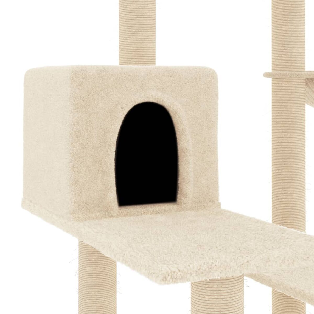 Ein Katzenbaum mit einem beigefarbenen Häuschen und mehreren Plattformen. Der Baum besteht aus beigem, strukturiertem Material.