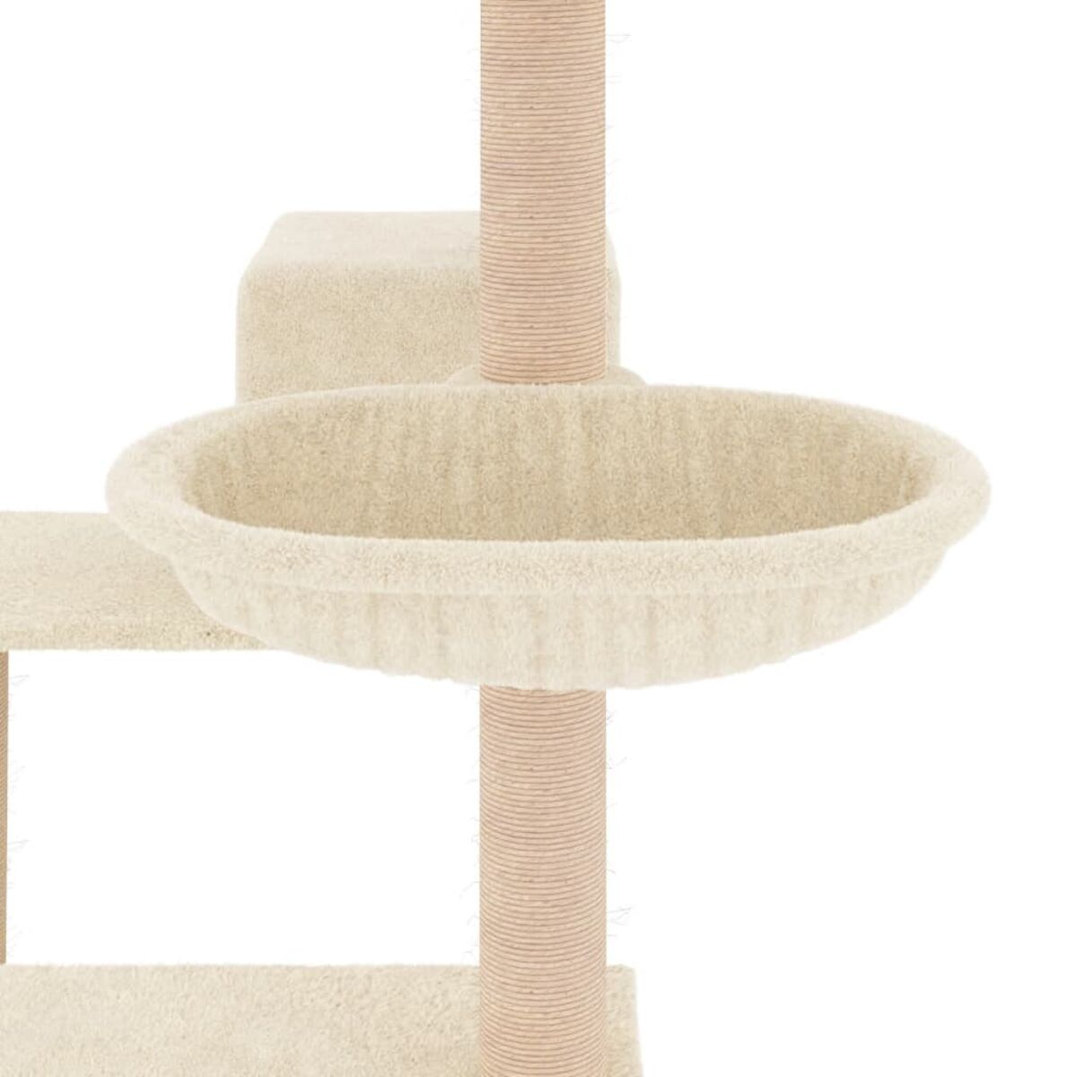 Ein Katzenbaum mit rundem, flauschigem Bett, mit beigen Pfosten und Plattformen.
