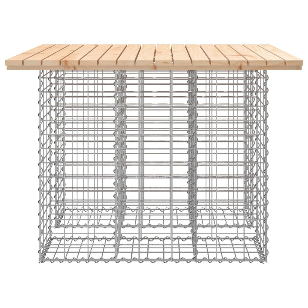 Eine Holzplatte auf einem Metalldrahtkäfig-Gestell, mit klarem weißem Hintergrund.