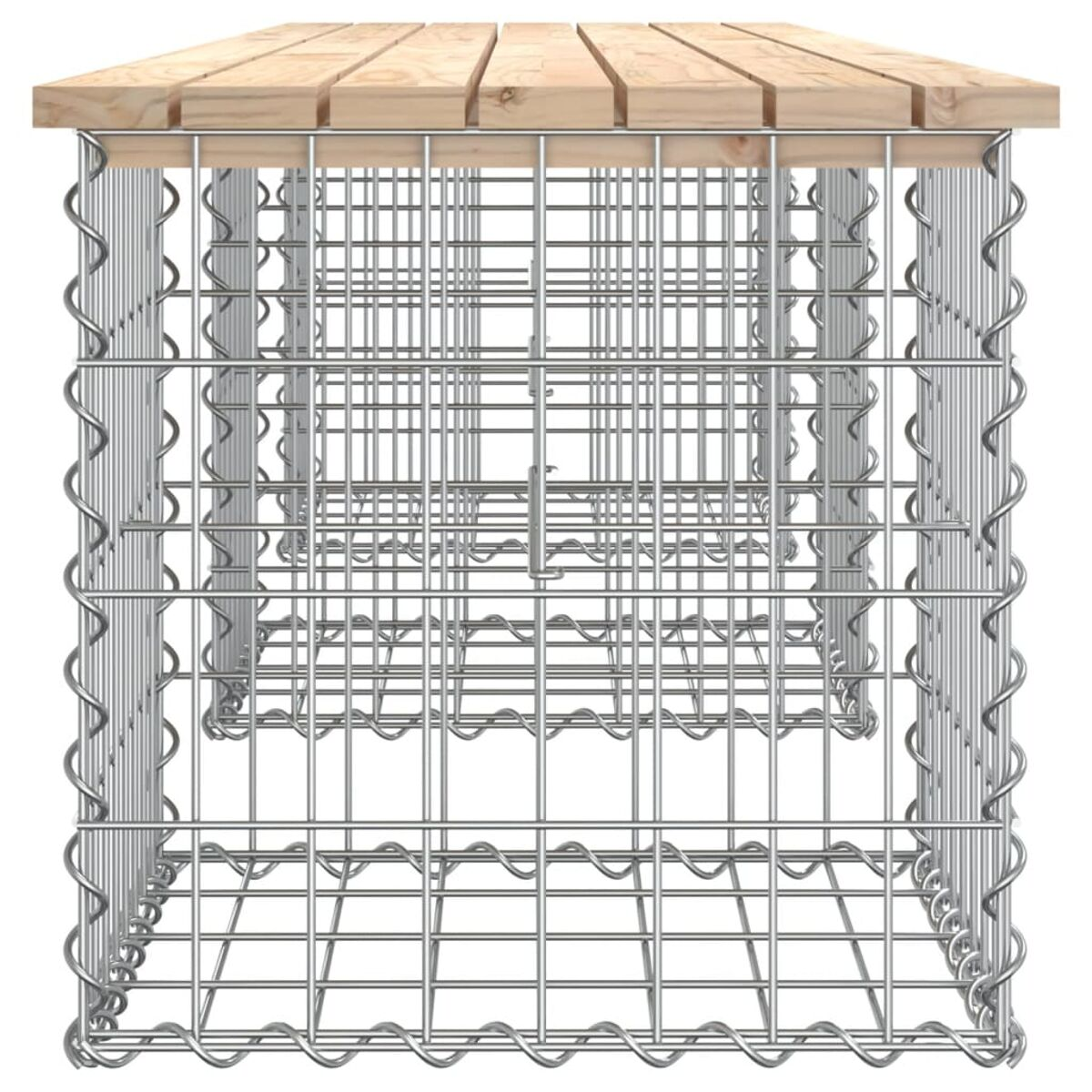 Eine Gabionenbank mit Holzplatte.