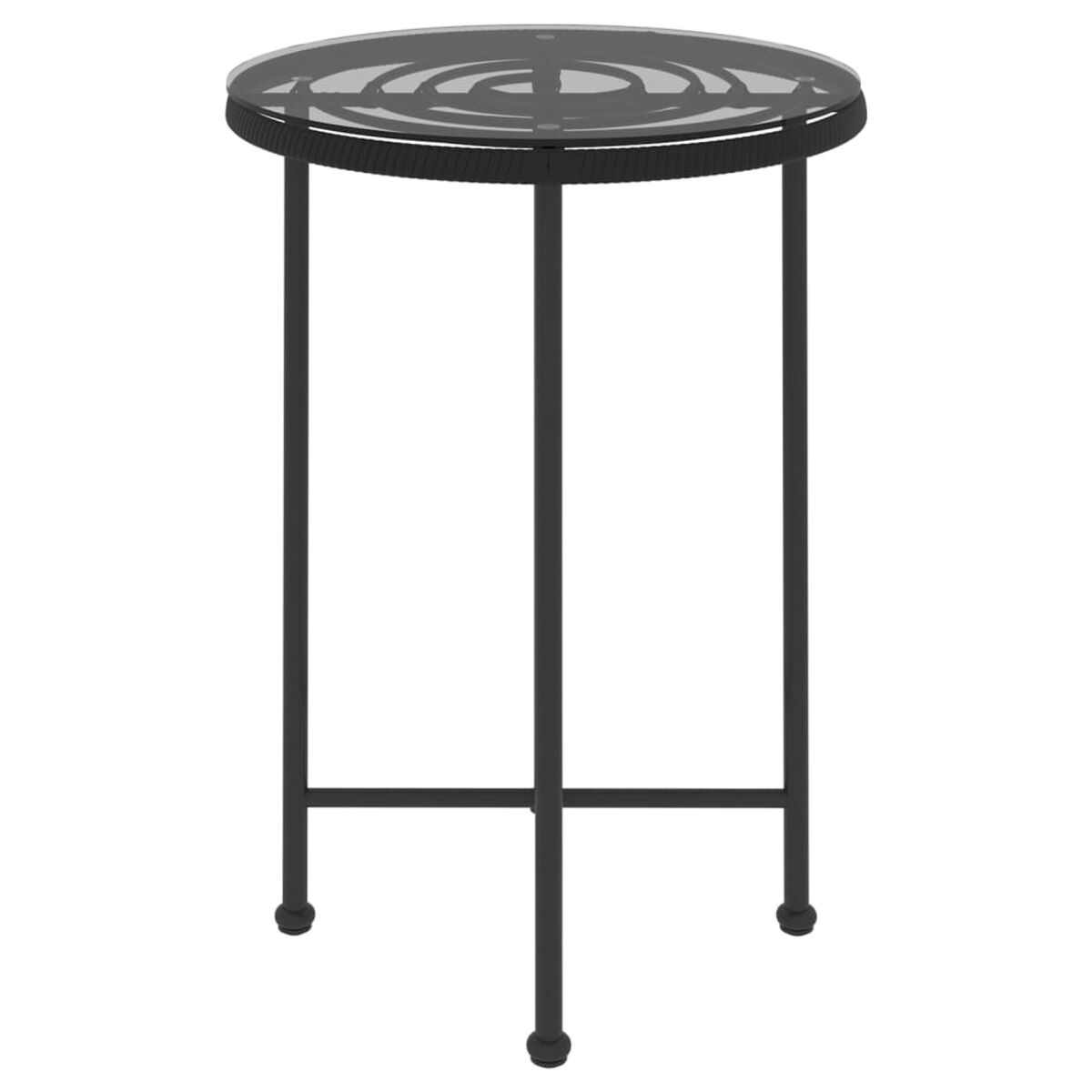 Runder Tisch mit Glasplatte und schwarzen Metallbeinen.