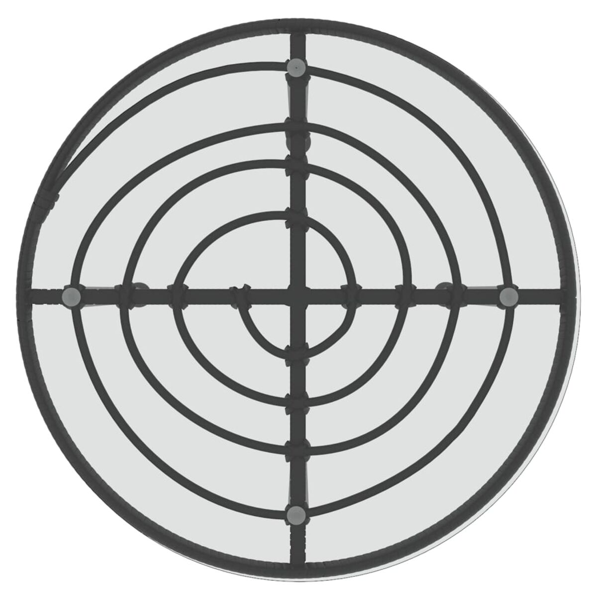 Ein runder Glastisch mit einem schwarzen Metallrahmen, der ein kreisförmiges Design hat.