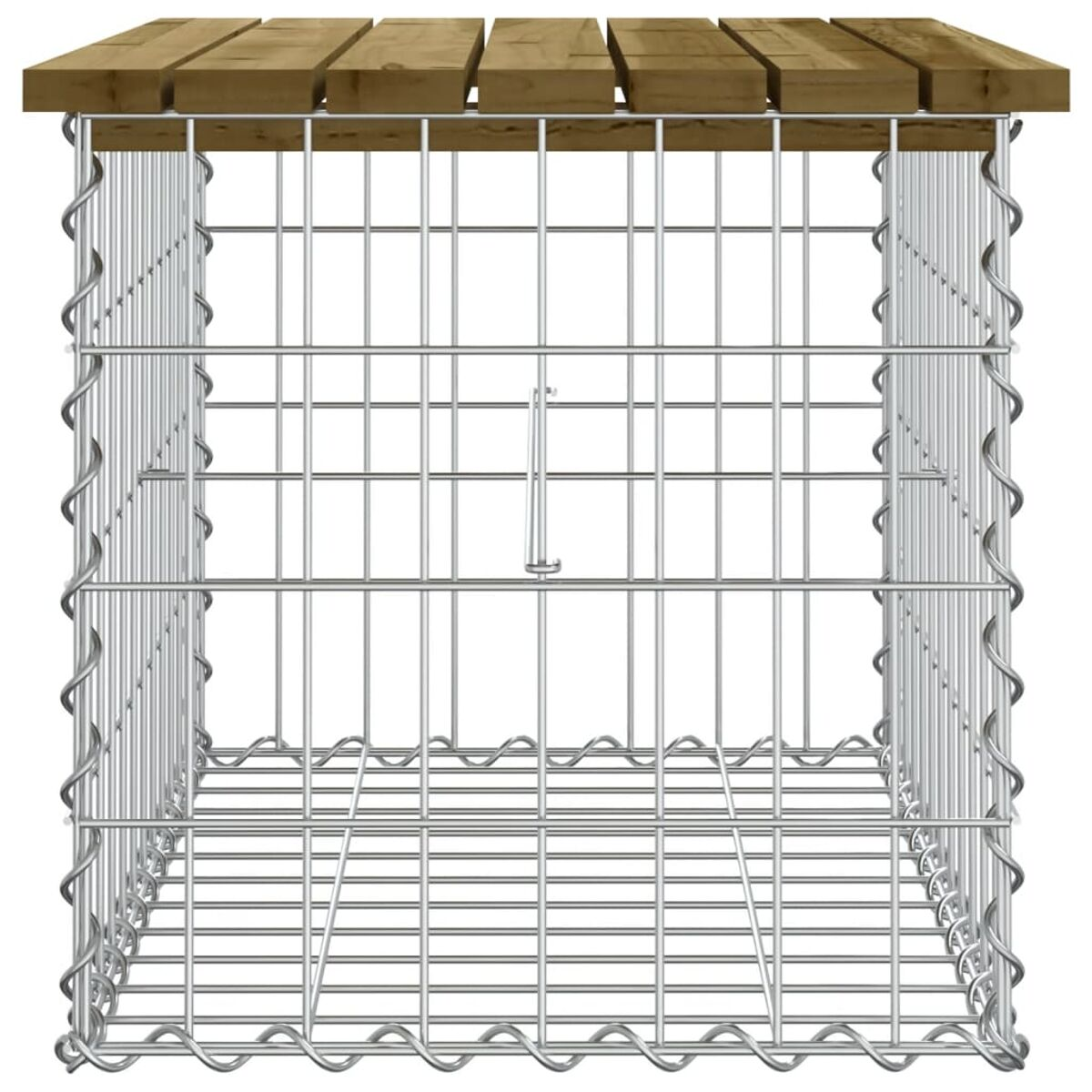 Metall-Gabione mit Holzplatte, rechteckig, gefüllt mit Drahtgeflecht.