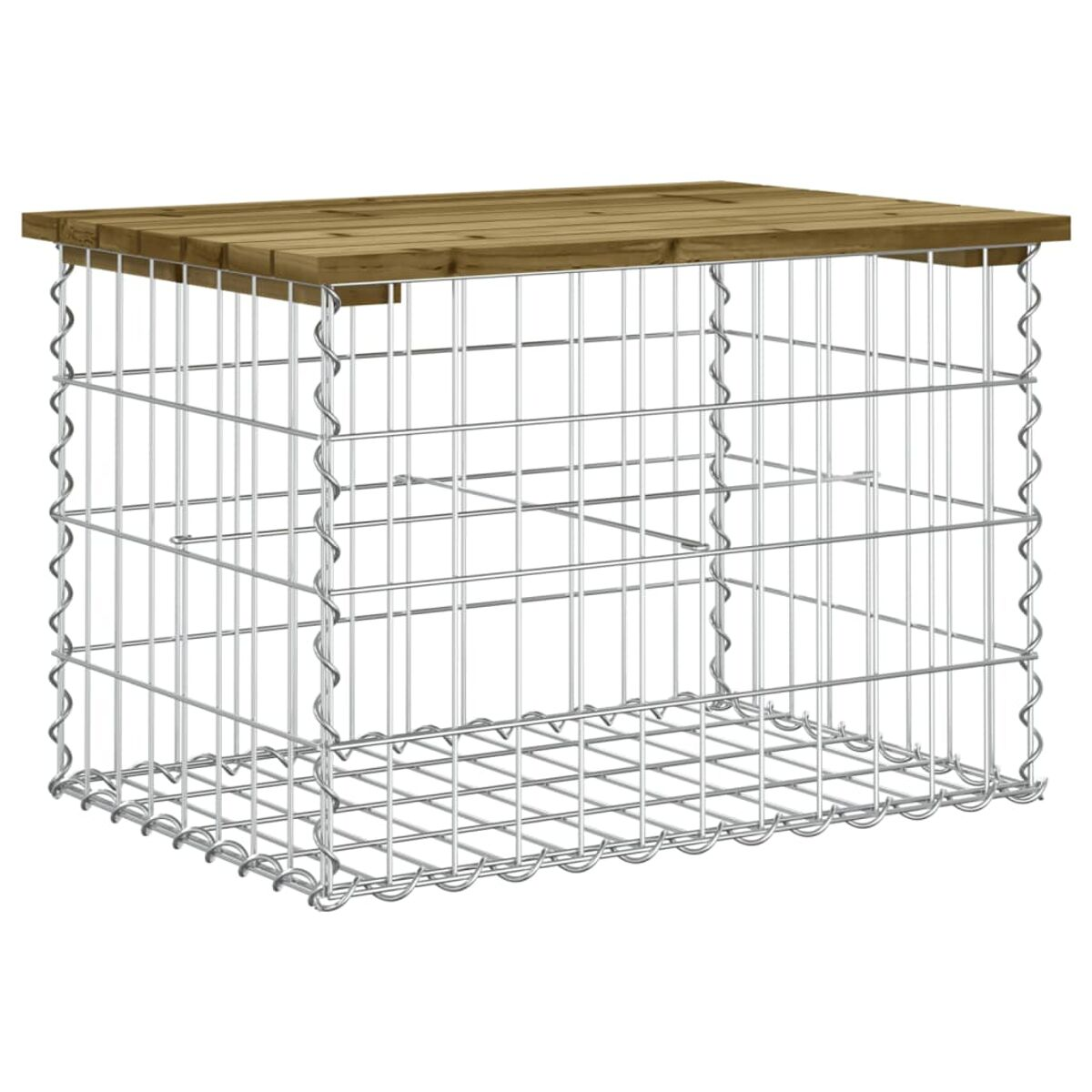 Ein Metalldrahtkäfig mit Holzplatte. Der Käfig ist rechteckig und hat eine dunkelbraune Oberseite.