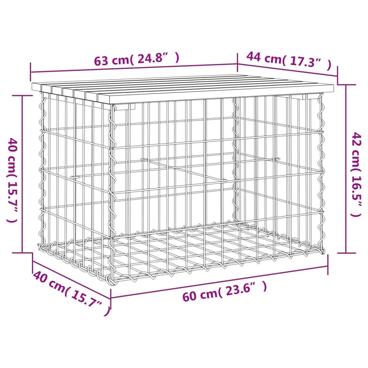 Eine Gabionenstruktur mit Abmessungen. Der Gabion besteht aus Drahtgeflecht.