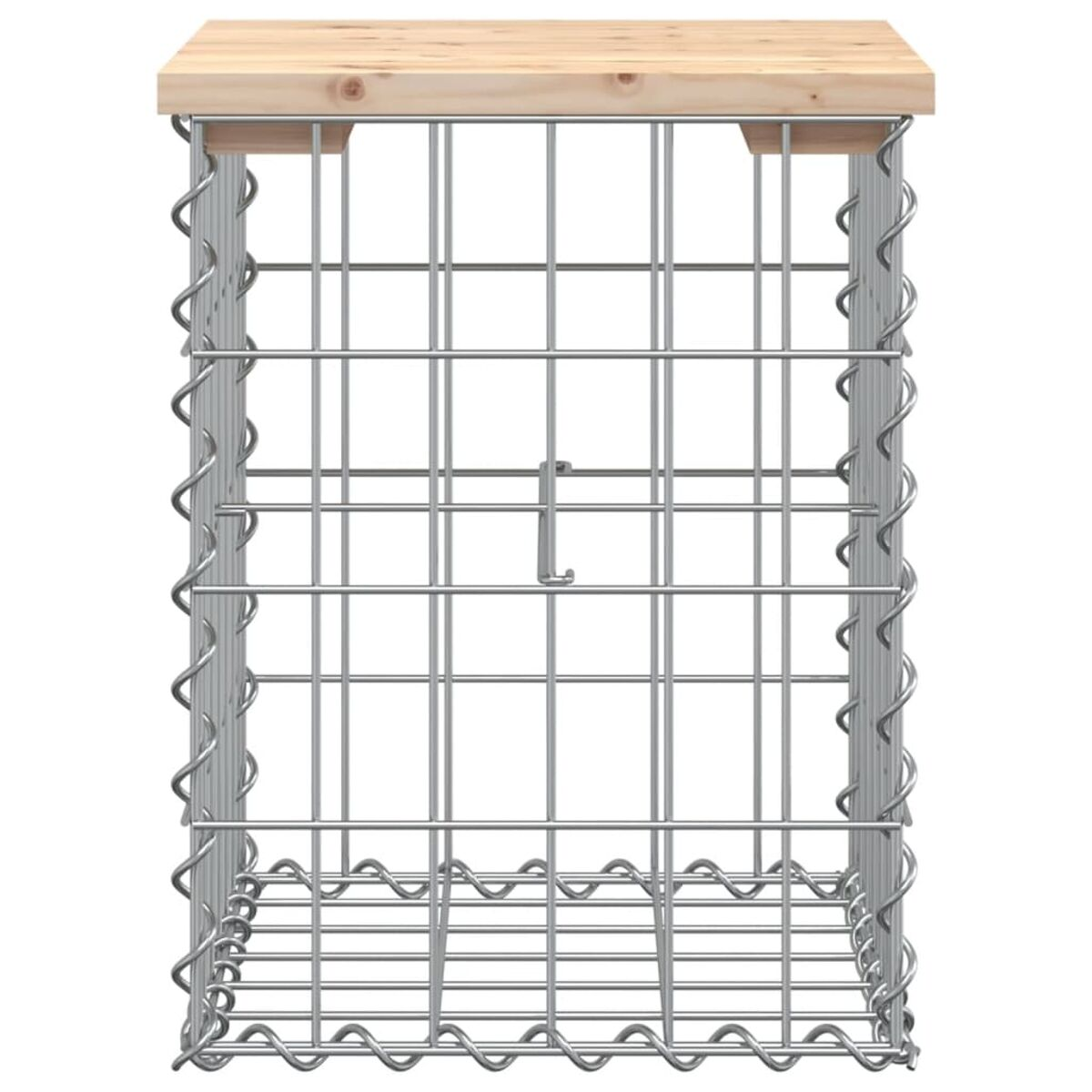 Ein quadratischer Drahtrahmen-Gabion mit einer Holzplatte. Der Gabion ist leer.