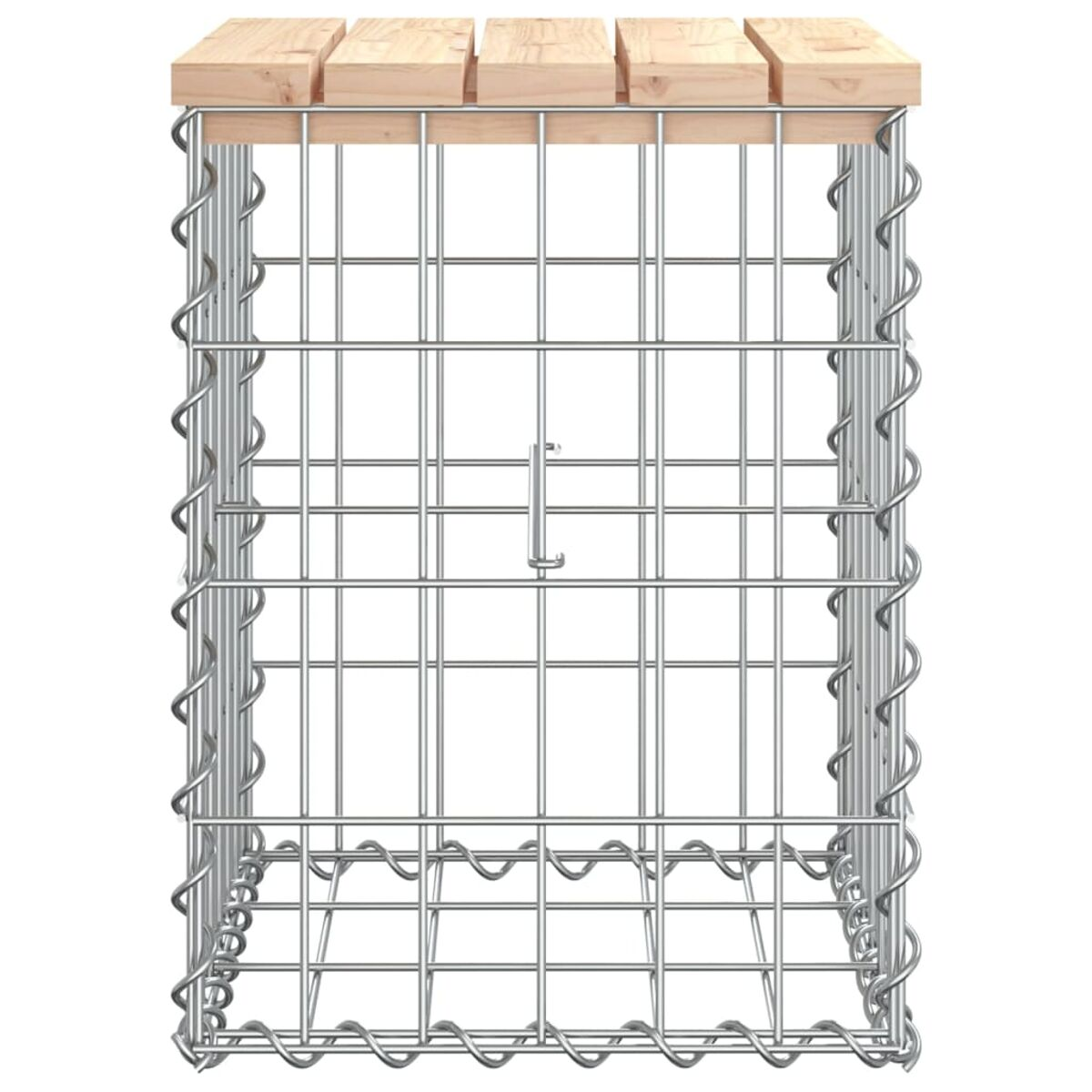 Ein Metall-Gabion mit Holzaufsatz. Der Gabion ist mit Drahtgeflecht gefüllt.