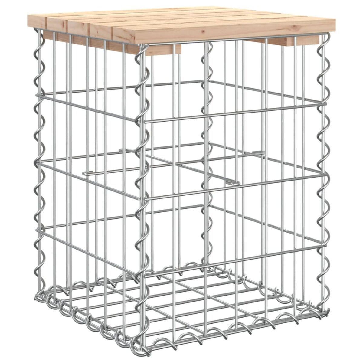 Ein quadratischer Metallkäfig mit Holzplatte. Der Käfig hat vertikale und horizontale Stäbe.