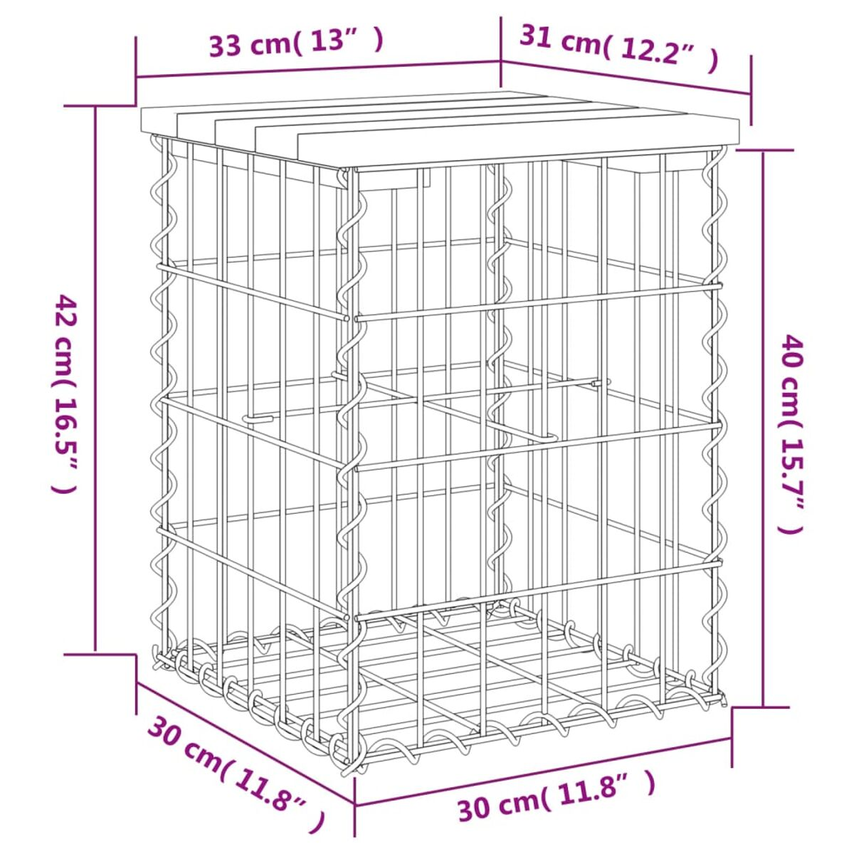 Kleiner quadratischer Metalldrahtkäfig mit Messungen. Weißer Hintergrund.