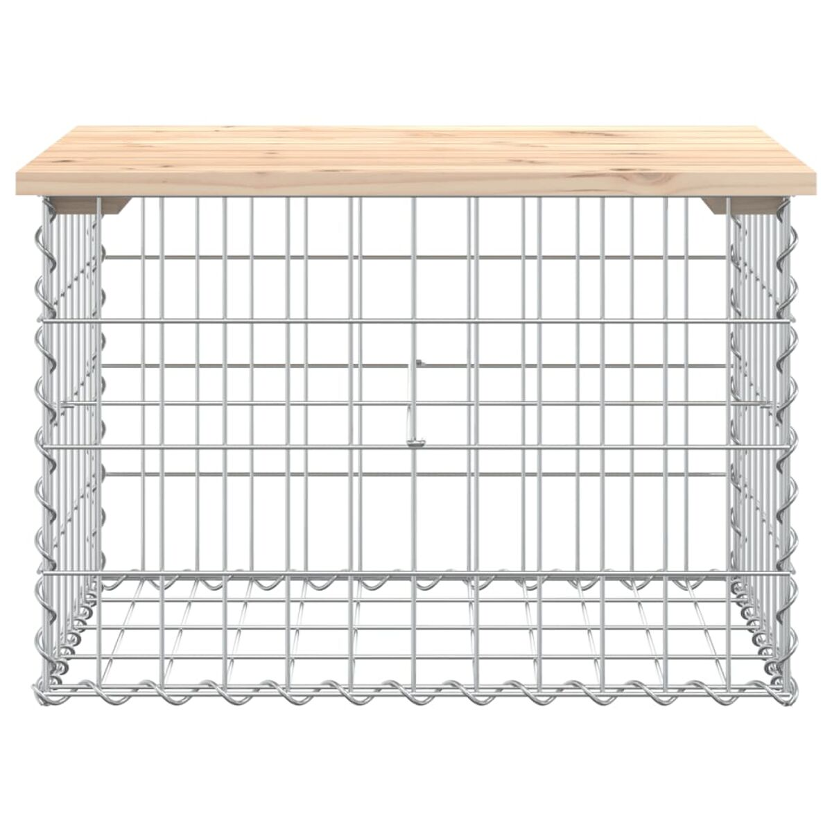 Ein rechteckiger Drahtrahmen-Gabion mit einer Holzplatte. Der Gabion ist leer.