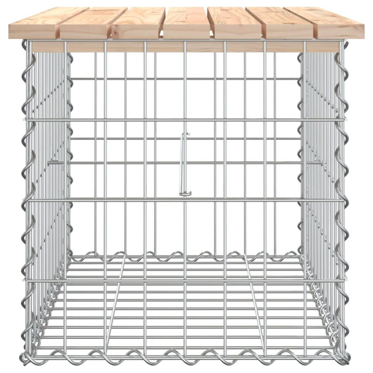 Eine quadratische Metall-Draht- und Holzbank mit Holzplatte, weißer Hintergrund.