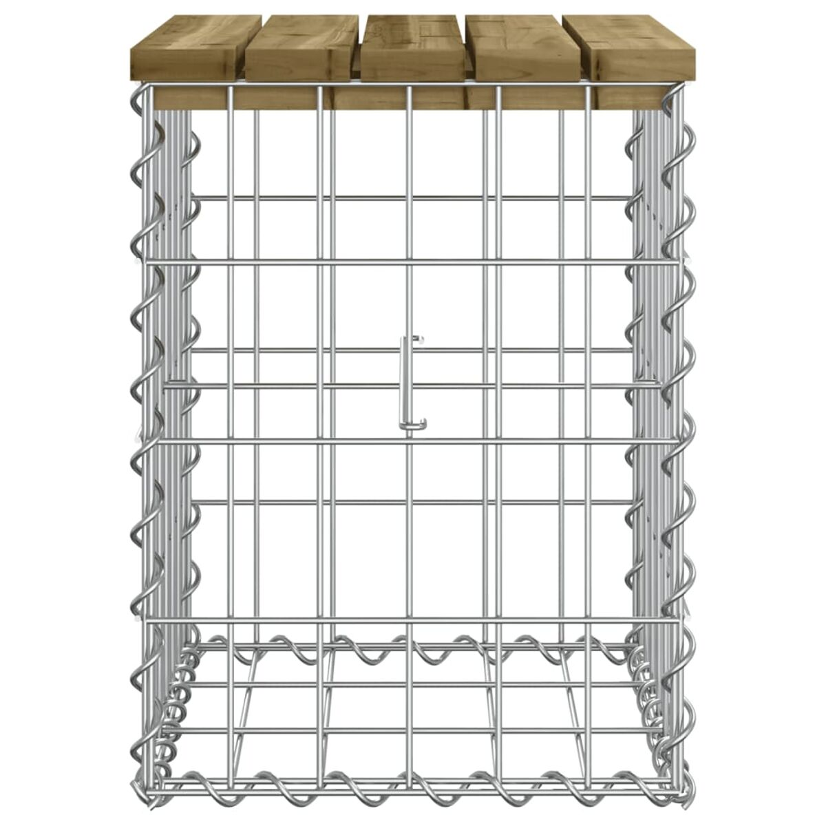 Ein Metall-Gabion mit Holzplatte. Die Struktur ist rechteckig mit Gitterdesign.