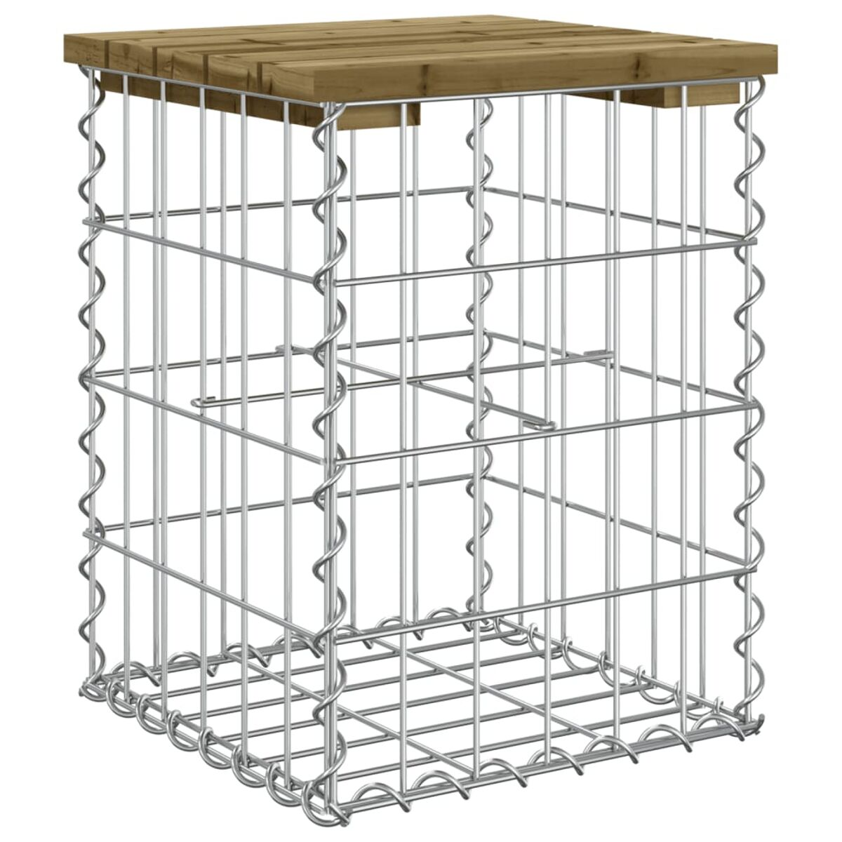 Quadratischer Gabion mit Holzplatte. Metallrahmen mit Luft gefüllt. Isoliert auf weißem Hintergrund.