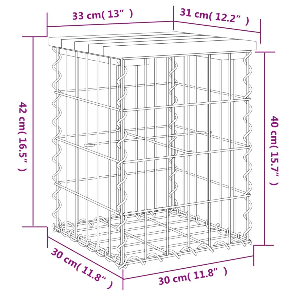 Eine Gabionenbox mit Holzplatte. Abmessungen sind angegeben. Sie besteht aus Drahtgeflecht. Weiß.
