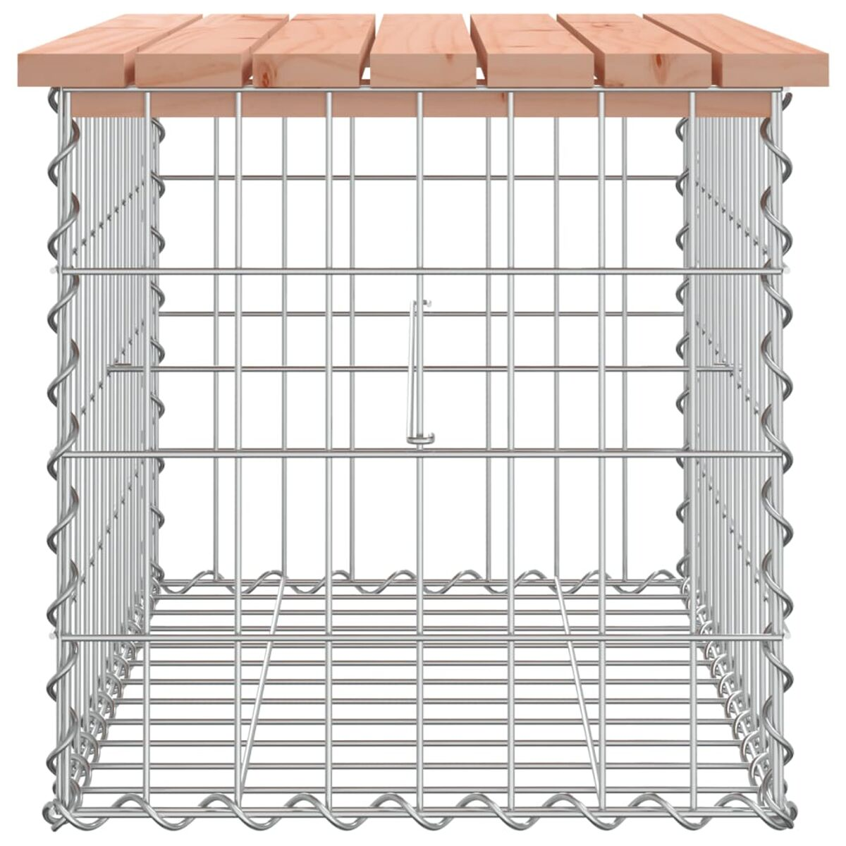 Quadratischer Drahtkäfig mit Holzdeckel. Das Drahtgerüst hat ein quadratisches Muster.