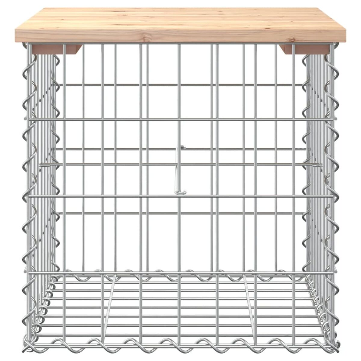 Quadratischer Tisch aus Drahtgeflecht mit Holzplatte. Hellbraunes Holz. Weißer Hintergrund.