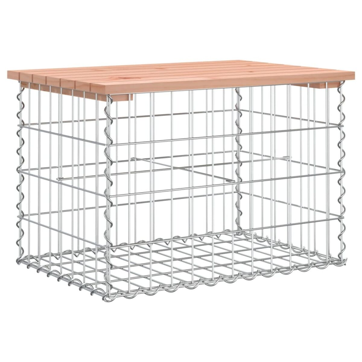 Metall- und Holzaufbewahrungsbox. Sie hat eine Holzplatte und einen Metallkäfigkörper. Der Hintergrund ist weiß.