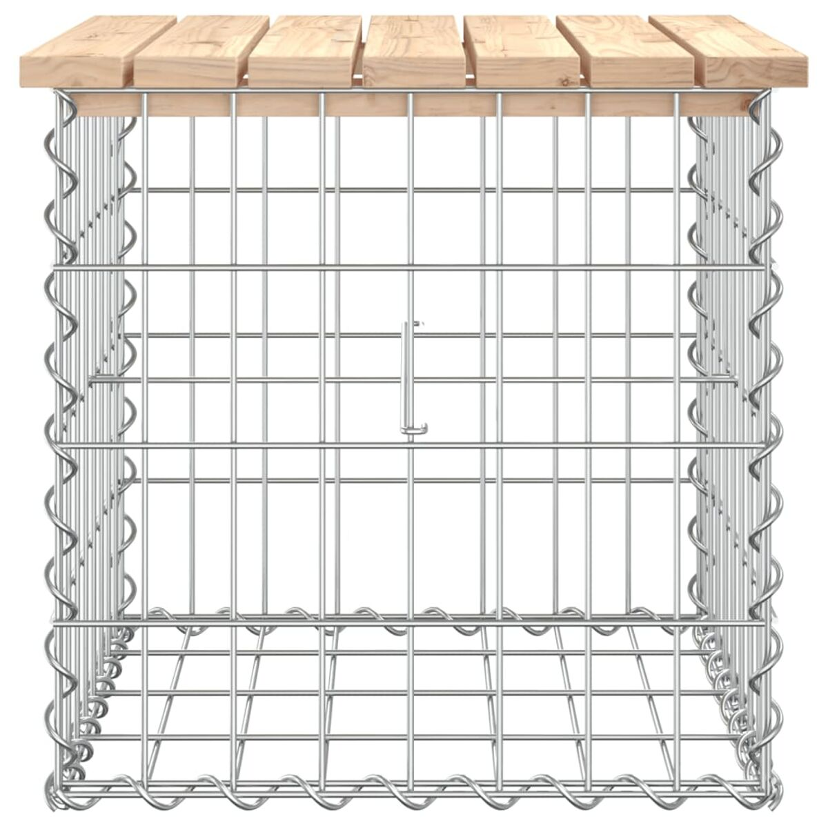 Metallkäfig mit Holzplatte. Silberne Farbe. Rechteckige Form. Weißer Hintergrund.
