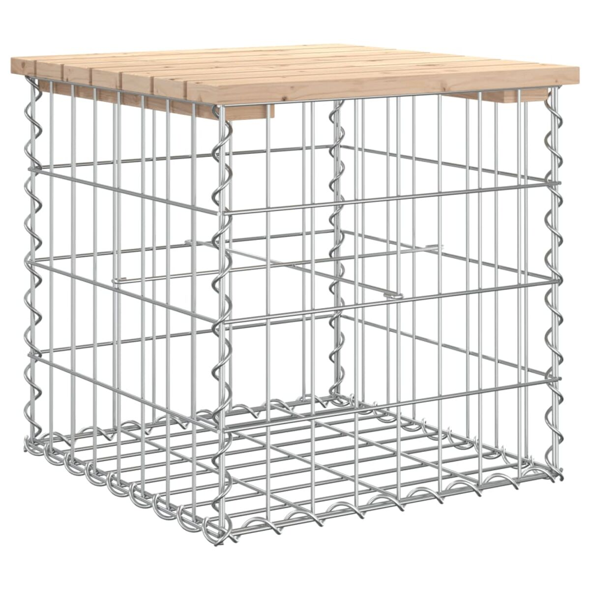 Holzwürfel mit Metallrahmen und Holzplatte. Weißer Hintergrund.
