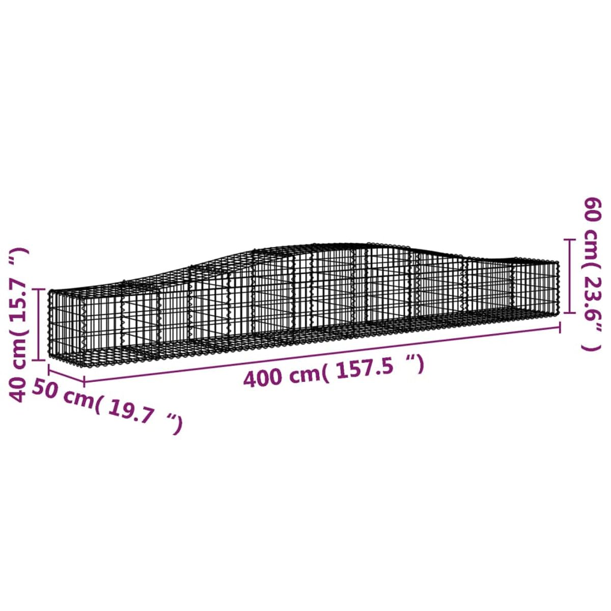 Isometrische Ansicht eines Drahtkäfigs. Seine Abmessungen sind markiert: 400 cm x 50 cm x 60 cm.