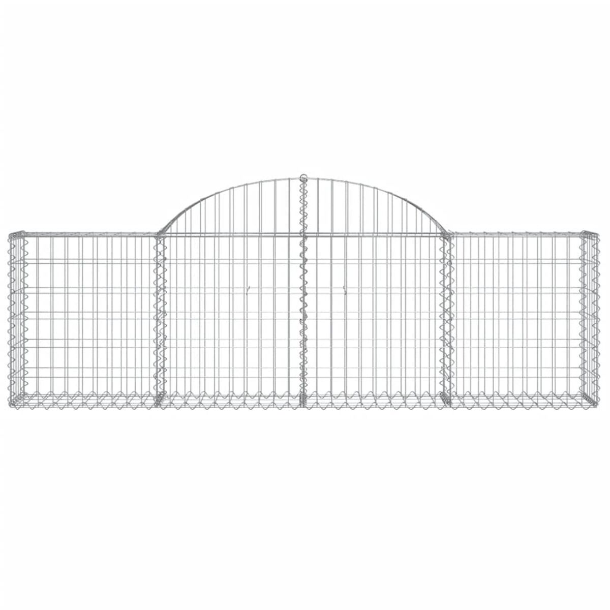 Gabionenwand, Vorderansicht. Metallgitter gefüllt mit Steinen. Weißer Hintergrund.