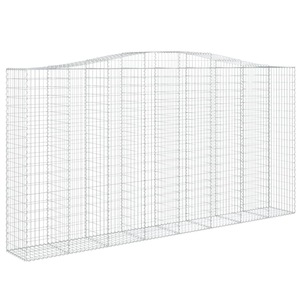 Gabionenwand aus Metall, rechteckige Form, auf weißem Hintergrund.