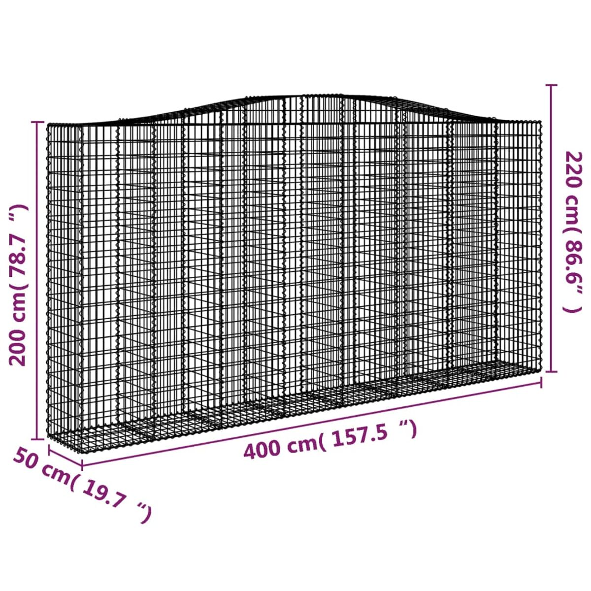 Ein großer Metalldrahtzaun mit Abmessungen in cm und Zoll.