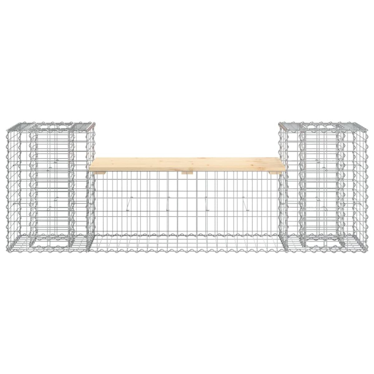 Gabionenbank mit Holzsitze, rechteckige Form.