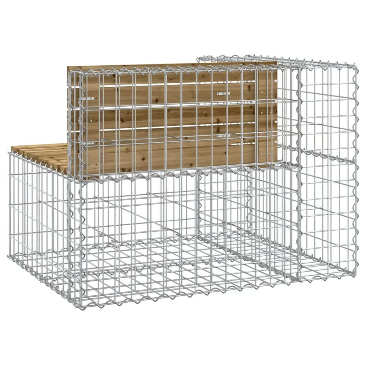 Eine Steinbank mit Holz Sitz und Rücken, umhüllt von einem Drahtkäfig Rahmen.