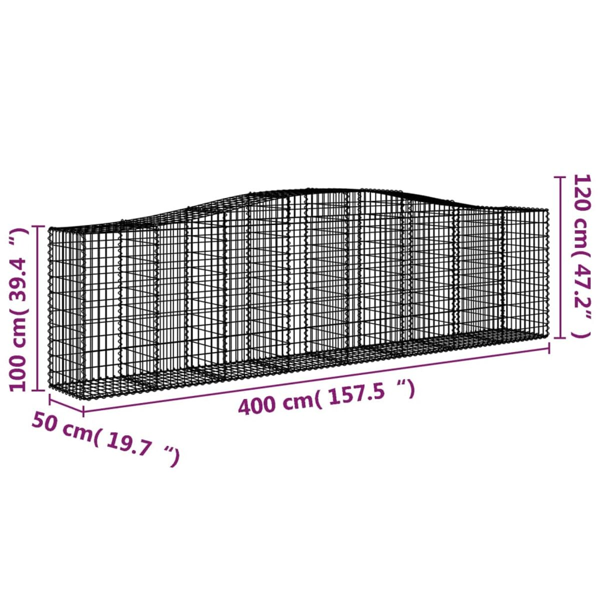 Ein Drahtgitter-Gabionen in Form eines langen Rechtecks, mit beschrifteten Abmessungen.