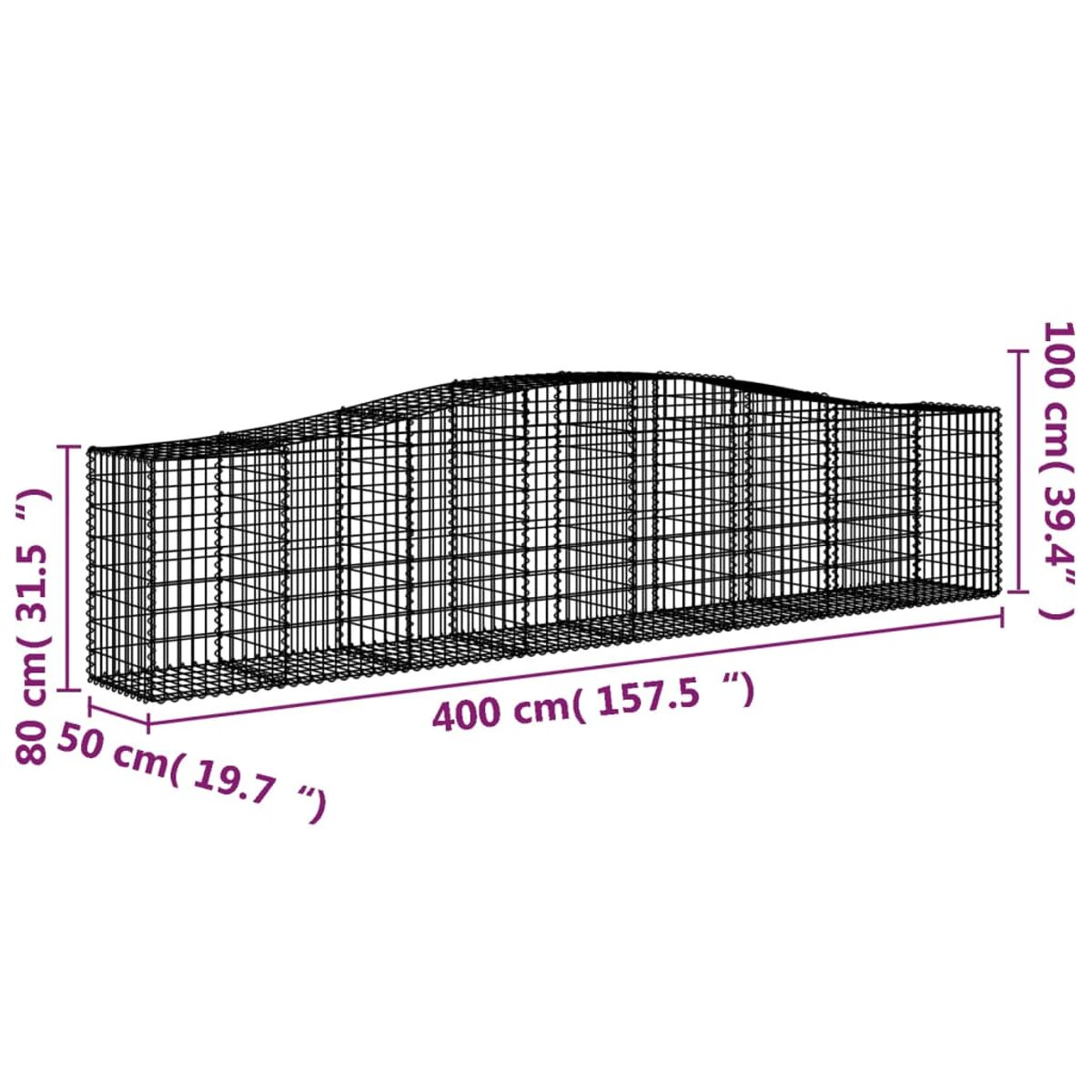Eine lange Gabionenstruktur aus Metallgeflecht, gefüllt mit Steinen, mit Abmessungen.